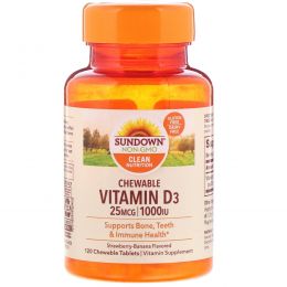 Sundown Naturals, Жевательный витамин D3, аромат клубники-банана, 1000 МЕ, 120 таблеток