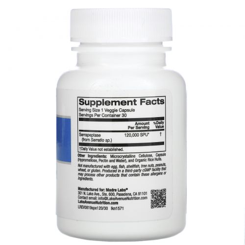 Lake Avenue Nutrition, Serrapeptase, Proteolytic Enzyme, 120,000 SPUs, 30 Veggie Capsules