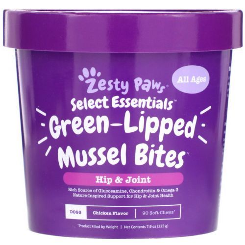 Zesty Paws, Green-Lipped Mussel Bites for Dogs, Hip & Joint Health, All Ages, Chicken Flavor,  90 Soft Chews