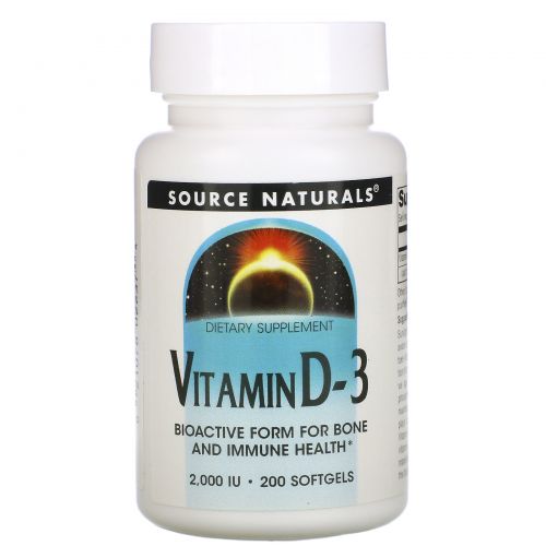 Source Naturals, Витамин D-3, 2000 международных единиц, 200 мягких капсул