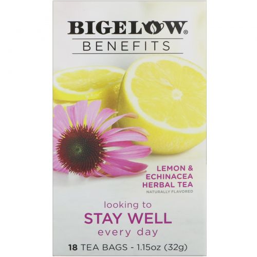 Bigelow, Benefits, Хорошее самочувствие, травяной чай с лимоном и эхинацеей, 18 чайных пакетиков, 1,15 унц. (32 г)