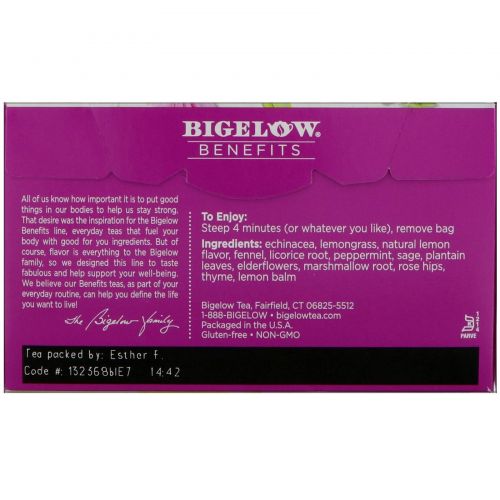 Bigelow, Benefits, Хорошее самочувствие, травяной чай с лимоном и эхинацеей, 18 чайных пакетиков, 1,15 унц. (32 г)