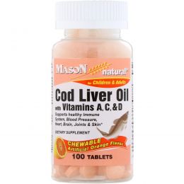 Mason Naturals, Рыбий жир с витаминами А, С, и D, жевательные таблетки со вкусом апельсина, 100 таблеток