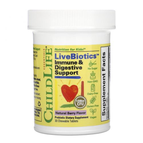 ChildLife, LiveBiotics, Immune & Digestive Support, Natural Berry Flavor, 5 Billion CFU, 30 Chewable Tablets