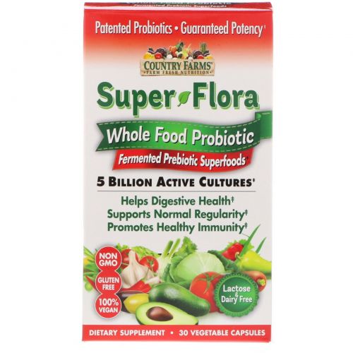 Country Farms, Super Flora, Whole Food Probiotic, Fermented Prebiotic Superfoods, 30 Vegetable Capsules