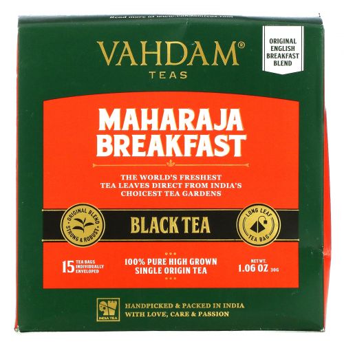 Vahdam Teas, Maharaja Breakfast Black Tea, 15 Tea Bags, 1.06 oz (30 g)