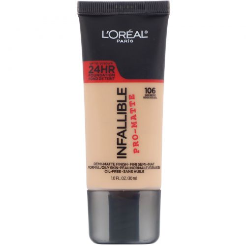 L'Oreal, Тональная основа Infallible Pro-Matte, оттенок солнечный бежевый 106, 30 мл