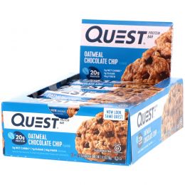 Quest Nutrition, QuestBar, протеиновый батончик, овсяное печенье с кусочками шоколада, 12 батончиков по 2,1 унции (60г) каждый