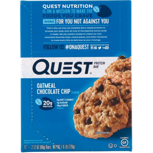 Quest Nutrition, QuestBar, протеиновый батончик, овсяное печенье с кусочками шоколада, 12 батончиков по 2,1 унции (60г) каждый
