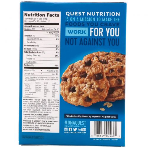 Quest Nutrition, QuestBar, протеиновый батончик, овсяное печенье с кусочками шоколада, 12 батончиков по 2,1 унции (60г) каждый