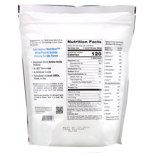 Lake Avenue Nutrition, Whey Protein Isolate, Creamy Vanilla, 2 lb (907 g)