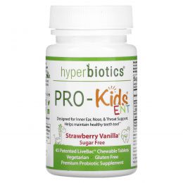 Hyperbiotics, "Pro-Kids ЛОР", пробиотик для детей, для поддержания здоровья внутреннего уха, горла и носа, со вкусом клубники и ванили, без сахара, 45 жевательных таблеток