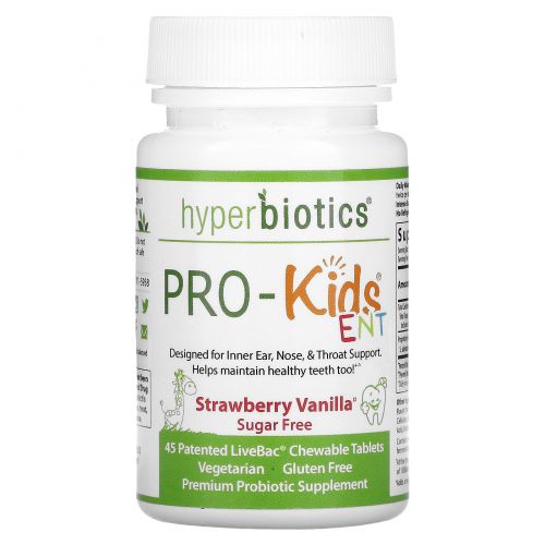 Hyperbiotics, "Pro-Kids ЛОР", пробиотик для детей, для поддержания здоровья внутреннего уха, горла и носа, со вкусом клубники и ванили, без сахара, 45 жевательных таблеток