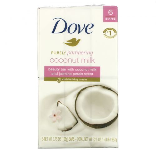 Dove, Косметическое мыло Purely Pampering, аромат «Кокосовое молоко и лепестки жасмина», 6 шт. по 113 г