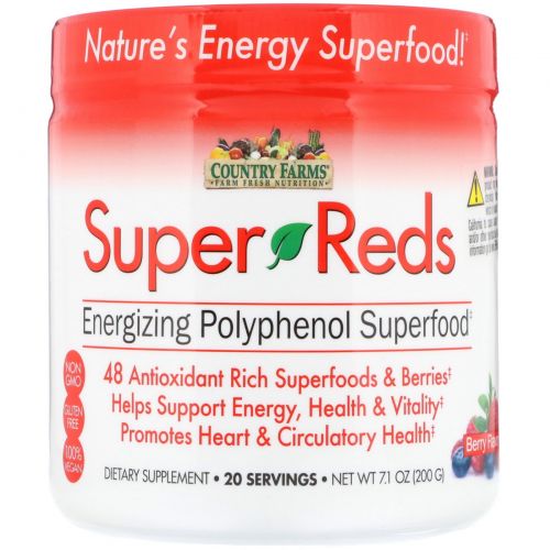 Country Farms, Super Reds, насыщающие энергией суперпродукты с полифенолами, со вкусом ягод, 7,1 унц. (200 г)