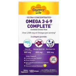 Country Life, Ultra Concentrated Omega 3•6•9 Complete, Lemon Flavor, 180 Softgels