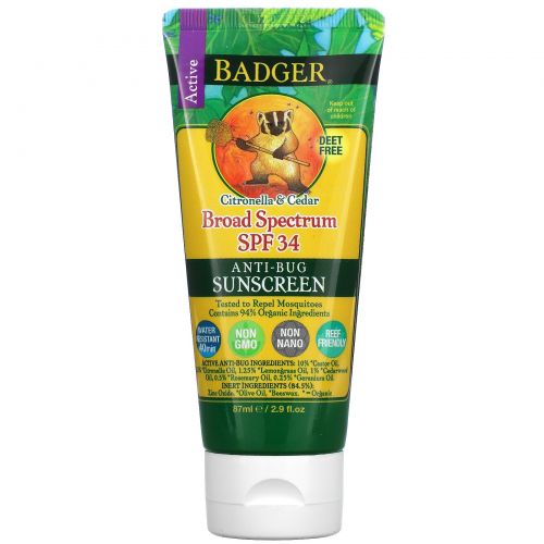 Badger Company, Крем от солнца и насекомых, широкий спектр SPF 34, 2.9 жидких унций (87 мл)