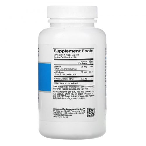 Lake Avenue Nutrition, N-A-C, N-Acetyl Cysteine with Selenium & Molybdenum, 600 mg, 120 Veggie Capsules