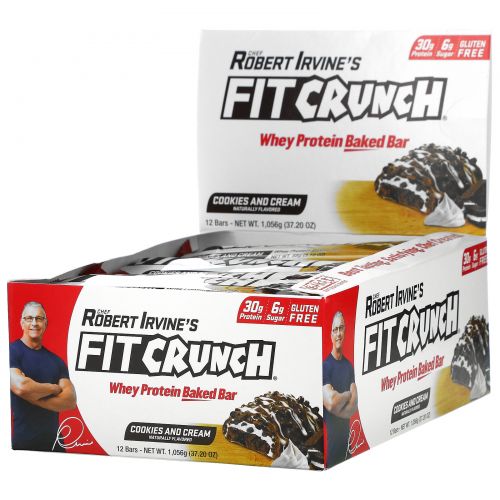 FITCRUNCH, Whey Preotein Baked Bar, Cookies and Cream, 12 Bars, 3.10 oz (88 g) Each