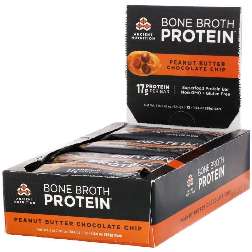 Dr. Axe / Ancient Nutrition, Bone Broth Protein Bar, Peanut Butter Chocolate Chip, 12 Bars, 1.94 oz (55 g) Each