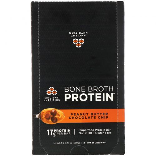 Dr. Axe / Ancient Nutrition, Bone Broth Protein Bar, Peanut Butter Chocolate Chip, 12 Bars, 1.94 oz (55 g) Each