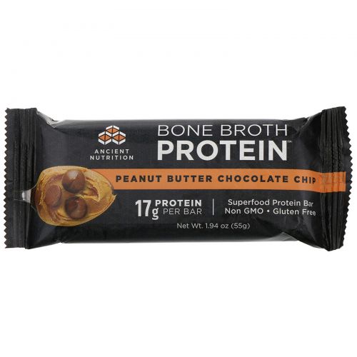 Dr. Axe / Ancient Nutrition, Bone Broth Protein Bar, Peanut Butter Chocolate Chip, 12 Bars, 1.94 oz (55 g) Each