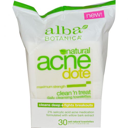 Alba Botanica, Acne Dote, Clean ‘n Treat, 10 влажных салфеток, (7”X 7,5”/17,8 см X 19,1 см)