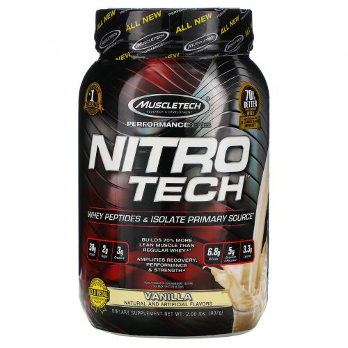 Muscletech, Nitro Tech, сывороточный изолят + наращивание сухой мышечной массы, со вкусом ванили, 2,00 фунта (907 г)