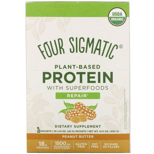 Four Sigmatic, Plant-Based Protein with Superfoods, Peanut Butter, 10 Packets, 1.41 oz (40 g) Each