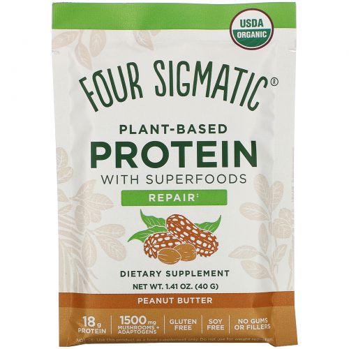 Four Sigmatic, Plant-Based Protein with Superfoods, Peanut Butter, 10 Packets, 1.41 oz (40 g) Each