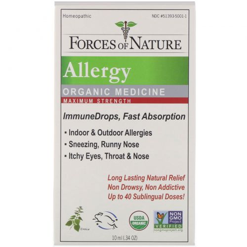 Forces of Nature, Средство от аллергии, органическая медицина, ImmuneDrops, максимальный эффект, 10 мл (0,34 унции)