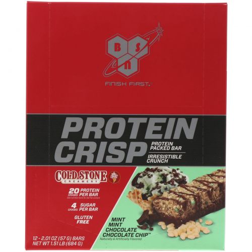 BSN, Protein Crisp, Mint Mint Chocolate Chocolate Chip, 12 Bars, 2.01 oz (57 g) Each