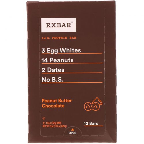 RXBAR, Protein Bars, Peanut Butter Chocolate, 12 Bars, 1.83 oz (52 g) Each