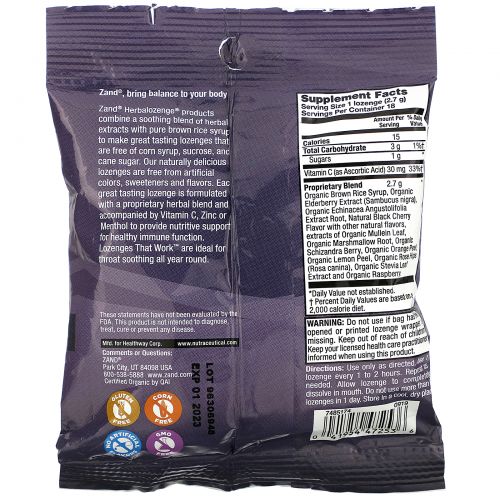 Zand, Organic Elderberry C, Berry Soother, 18 Throat Lozenges