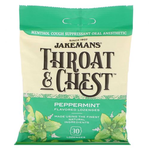 Jakemans, Леденцы от кашля Throat & Chest со вкусом мяты перечной, 30 леденцов