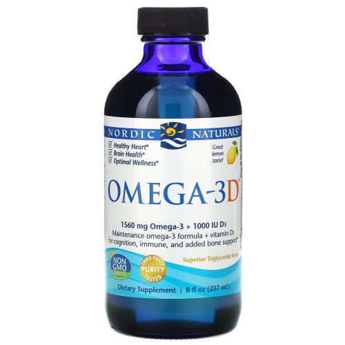 Nordic Naturals, Омега-3D, очищенный рыбий жир с витамином D3, лимонный, 8 жидких унций (237 мл)