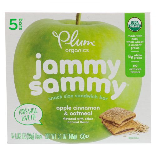 Plum Organics, Kids, Organic Jammy Sammy, органические батончики, яблоко, корица и овсянка, 5 батончиков по 1,03 унции (29 г) каждый