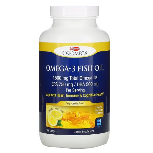 Oslomega, Рыбий жир с жирными кислотами омега-3, 750 мг ЭПК, 500 мг ДГК, натуральный лимонный вкус, 180 мягких желатиновых капсул