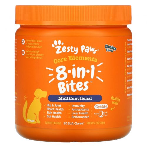 Zesty Paws, 5-в-1 мультивитаминные перекусы для собак, Жизненные силы каждый день, Для всех возрастов, Со вкусом курицы, 90 мягких жевательных таблеток