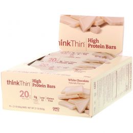 ThinkThin, ThinkThin, батончики с высоким содержанием белка, Белый шоколад, 10 батончиков, (60 г) каждый