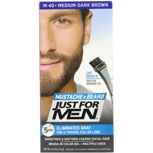 Just for Men, Mustache & Beard, гель для окрашивания усов и бороды с кисточкой в комплекте, оттенок темно-коричневый M-40, 2 шт. по 14 г