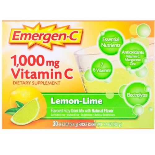 Emergen-C, растворимый шипучий витамин C со вкусом лимона, 1000 мг, 30 пакетов по 9.3 г каждый