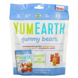 YumEarth, Мишки Гамми, 4 вкуса, 5 упаковок, каждая по 0,7 унции (20 г)