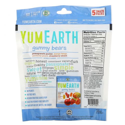 YumEarth, Мишки Гамми, 4 вкуса, 5 упаковок, каждая по 0,7 унции (20 г)