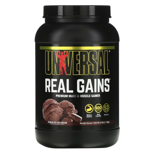 Universal Nutrition, Real Gains, средство для прибавления веса, со вкусом шоколадного мороженого, 3.8 фунта (1.73 кг)