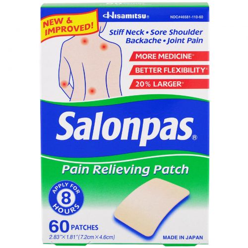 Salonpas, Обезболивающий пластырь, 60 пластырей, 2,83"х1,81" (7,19 х 4,6 см)