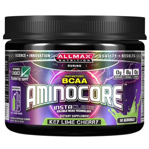 ALLMAX Nutrition, Aminocore, Max Strength BCAAs, 8G BCAAS, 0 Sugar, Key Lime Cherry, 105 g