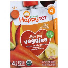 Nurture Inc. (Happy Baby), "Обожаю свои овощи" из серии "Счастливый карапуз", органическая фруктово-овощная смесь c морковью, бананом, манго и бататом, 4 пакета по 4,22 унции (120 г)