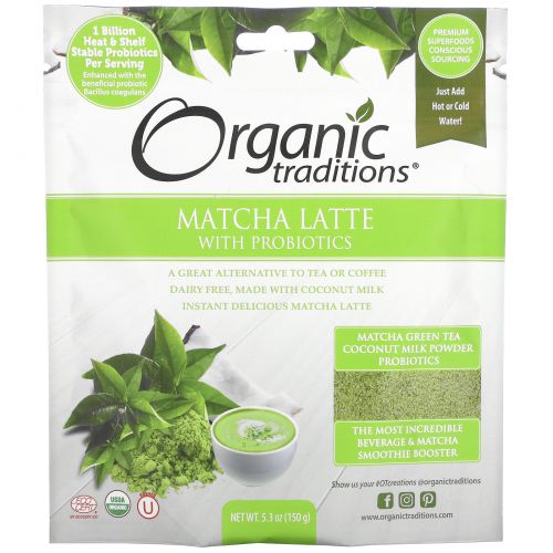 Organic Traditions, Латте с чаем маття, пробиотиками и ванилью, 150 г