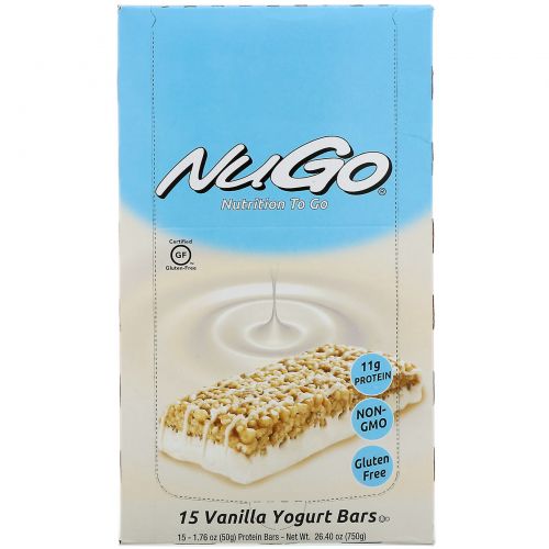 NuGo Nutrition, Питательный батончик, ванильный йогурт, 15 батончиков, 50 г каждый